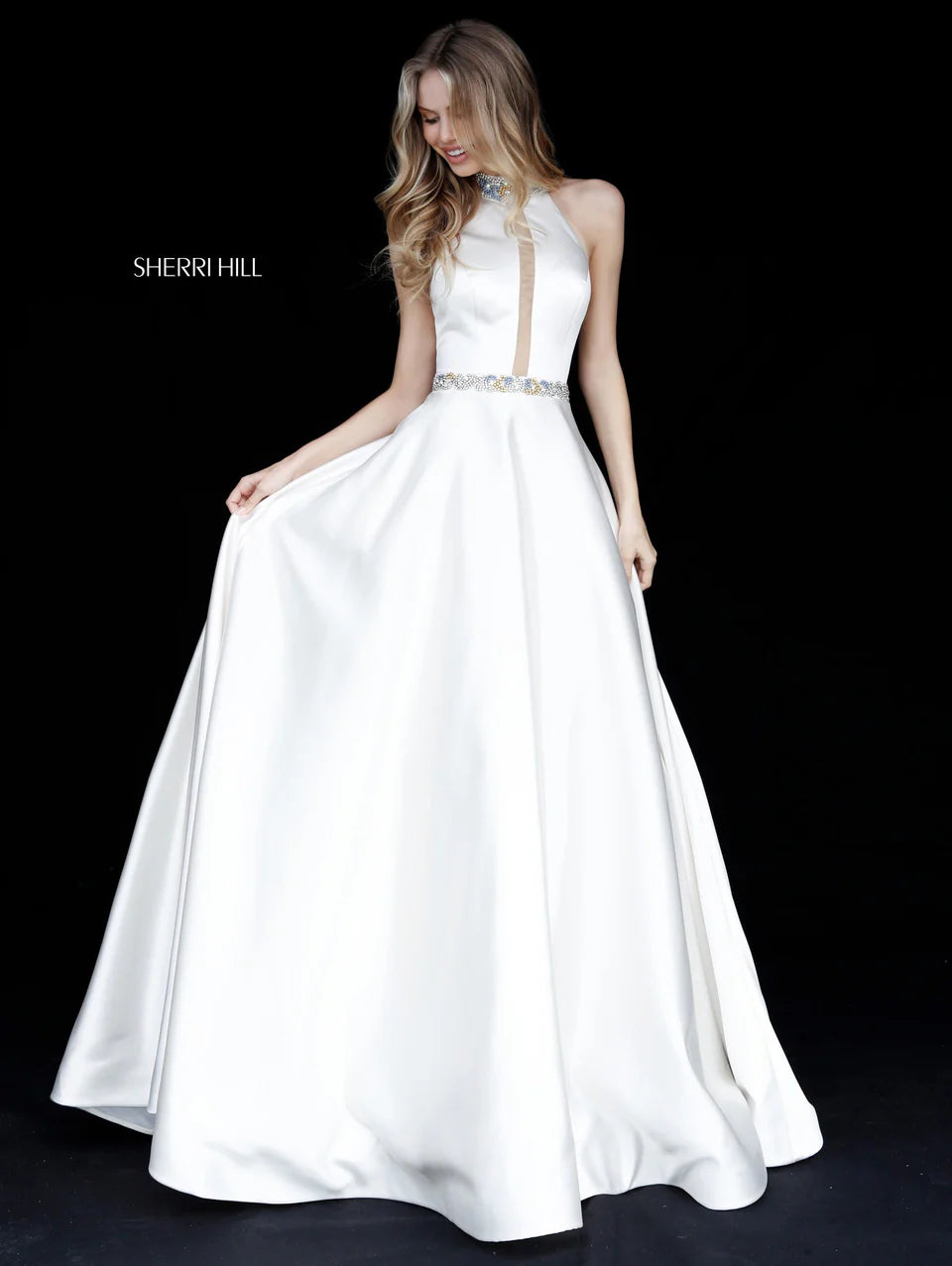 Sherri Hill 51589 Ivory Beaded Halter Ball Gown Pink Crystal Detail Size 4