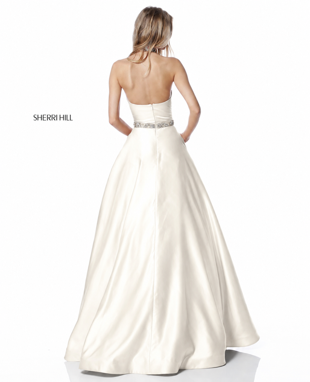 Sherri Hill 51589 Ivory Beaded Halter Ball Gown Pink Crystal Detail Size 4