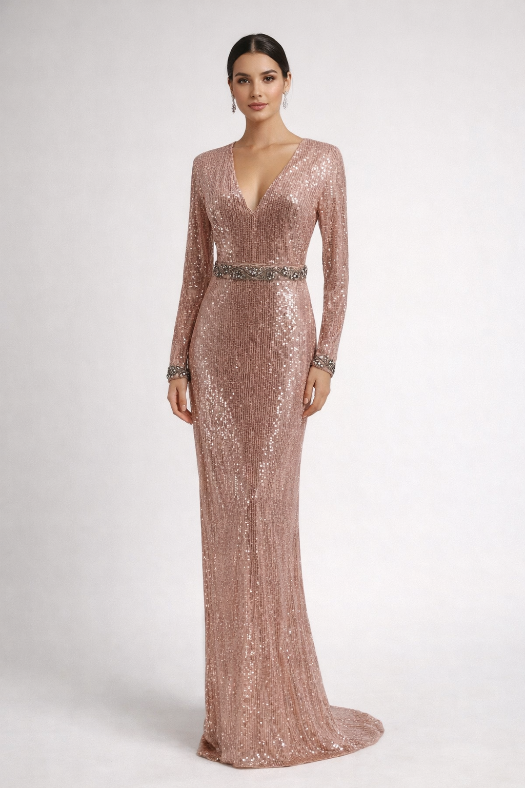 Mac Duggal Rose Gold Sequin Long Sleeve Gown Size 2 Embellished Waist Formal Evening Dress $798
