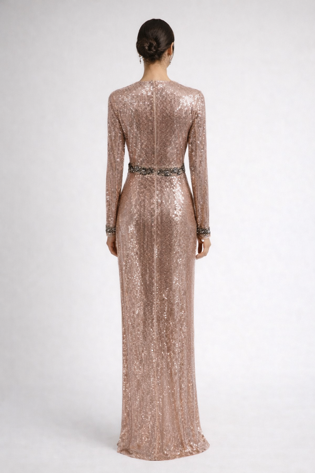 Mac Duggal Rose Gold Sequin Long Sleeve Gown Size 2 Embellished Waist Formal Evening Dress $798