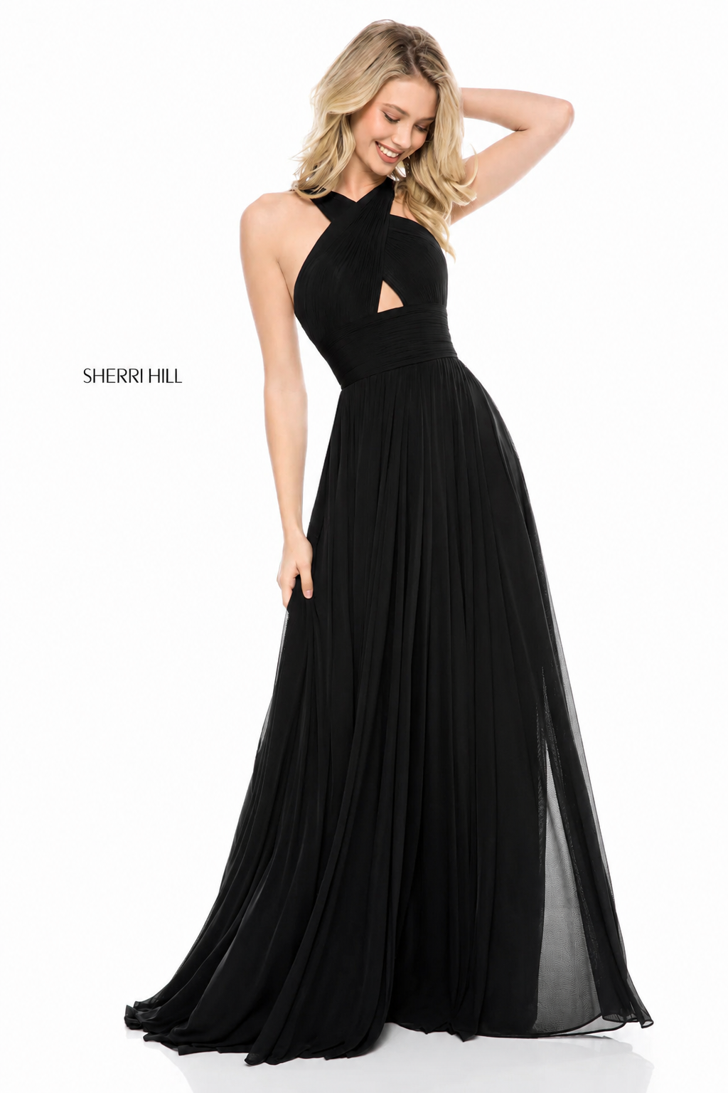 Sherri Hill 51903 Black Chiffon Cross Front Keyhole Gown Size 2 NWT $350