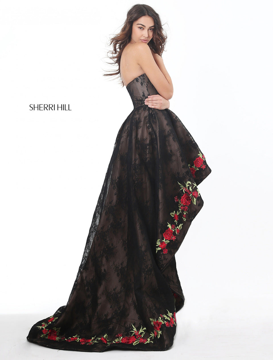 Sherri Hill 51252 Black Lace Floral Embroidered High Low Gown Size 0 $850