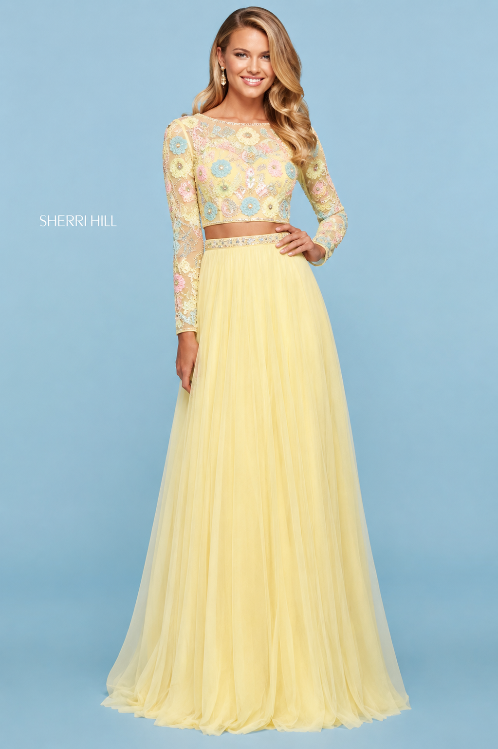 Sherri Hill 53553 Light Yellow Multi Beaded Two Piece Gown Size 2 $650