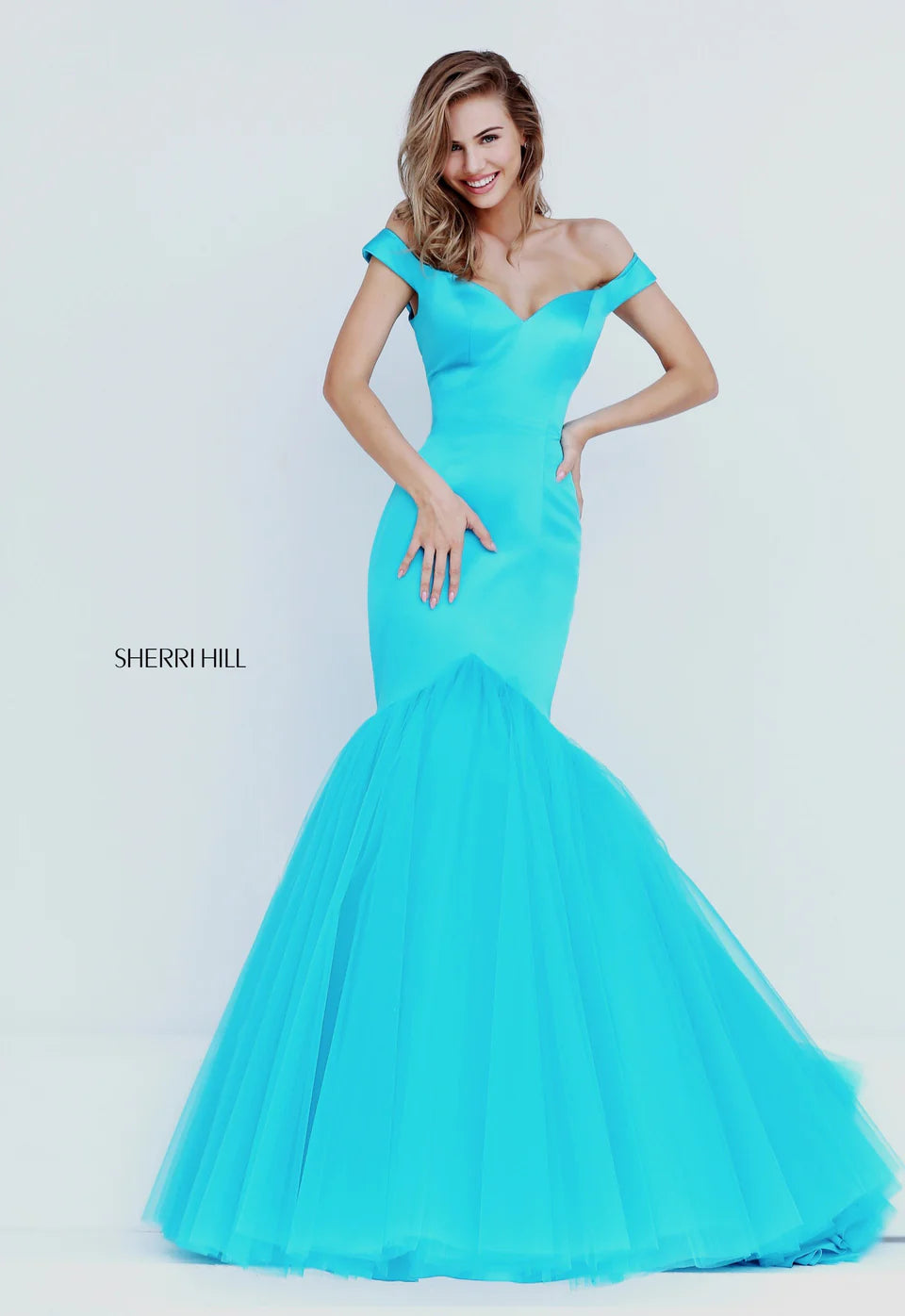 Sherri Hill 50732 Turquoise Off Shoulder Mermaid Gown Size 8 $550