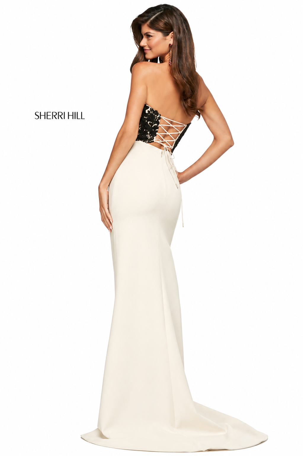 Sherri Hill 53601 Ivory Black Strapless Corset Gown Lace Slit Dress NWT Size 0 $450