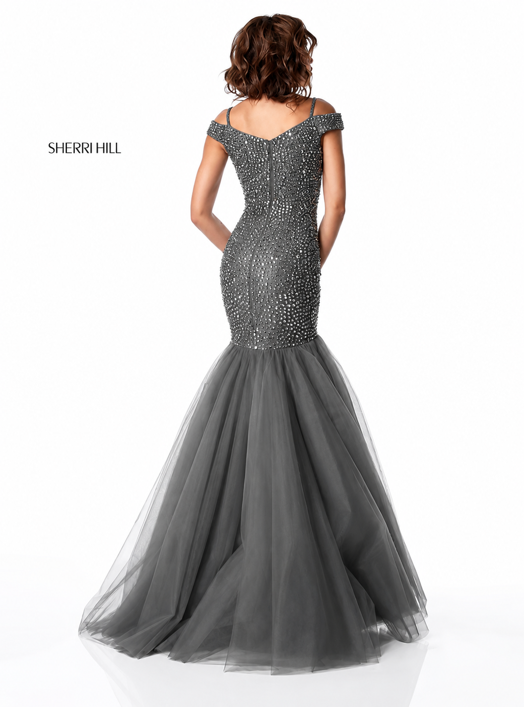 Sherri Hill 51446 Gunmetal Beaded Mermaid Gown Size 2 Retail $798