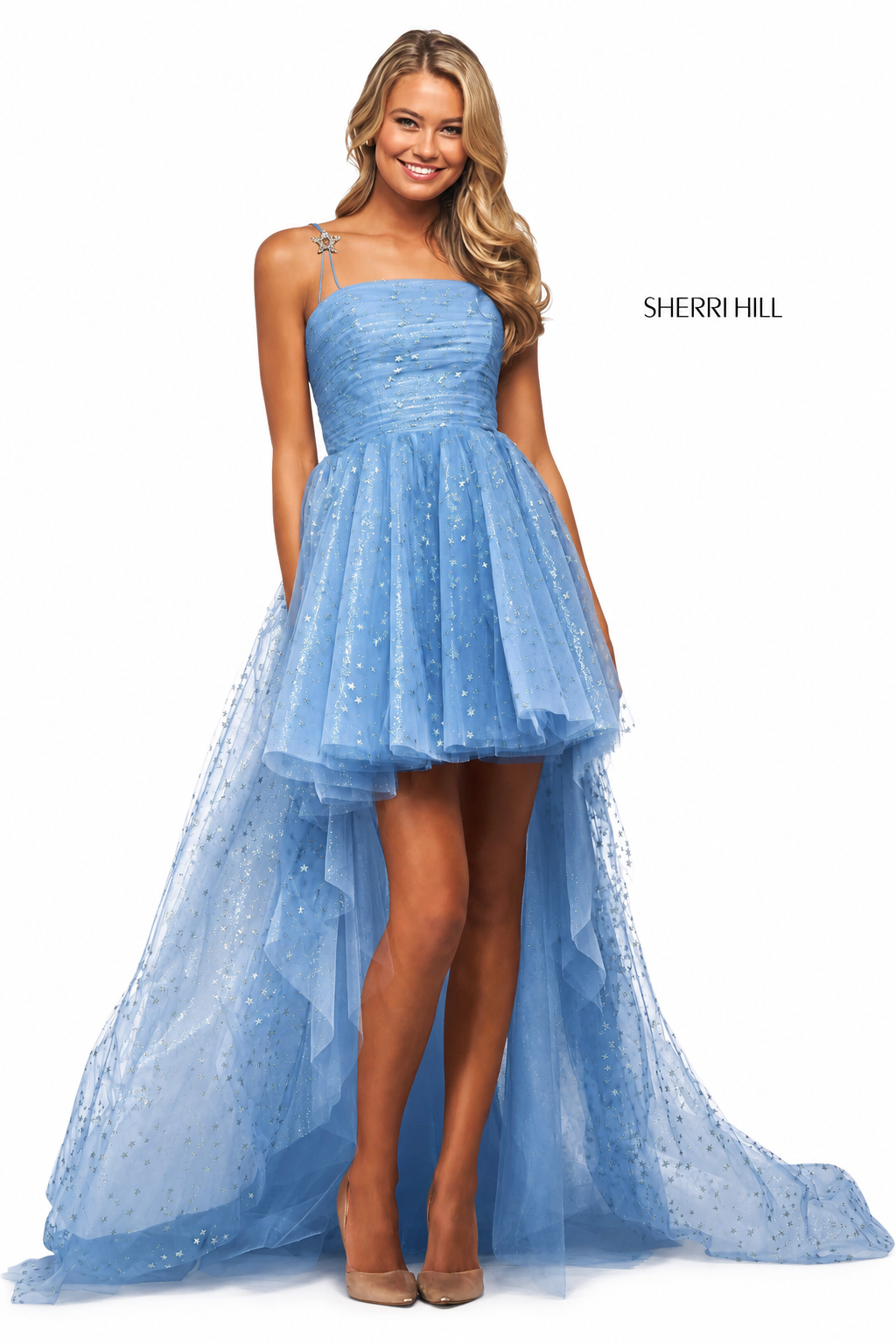 SHERRI HILL 53825 Light Blue/Silver Glitter Star High-Low Dress Gown NWT Size 4 $498