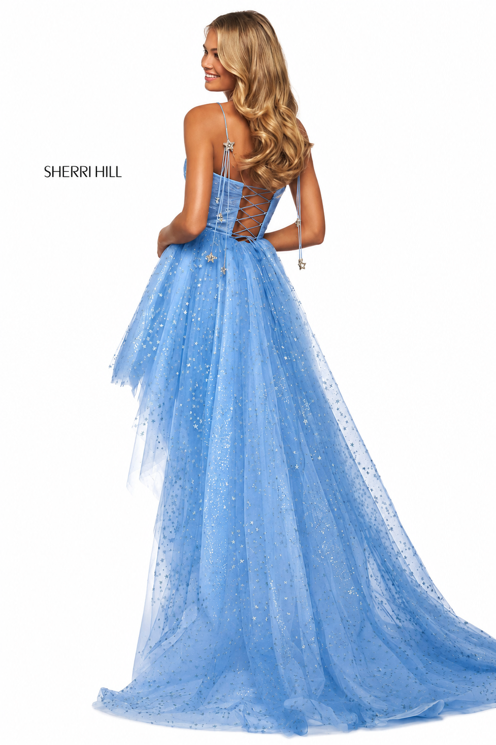 SHERRI HILL 53825 Light Blue/Silver Glitter Star High-Low Dress Gown NWT Size 4 $498