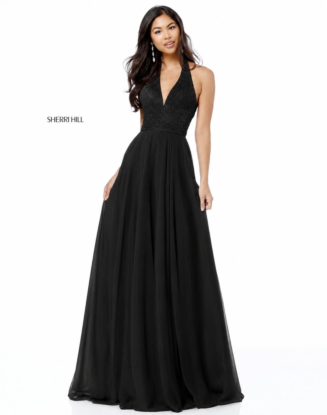 SHERRI HILL 51640 Black Sequin Halter Chiffon Gown – Size 6
