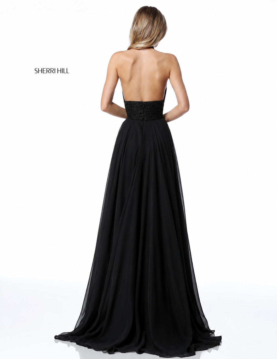 SHERRI HILL 51640 Black Sequin Halter Chiffon Gown – Size 6