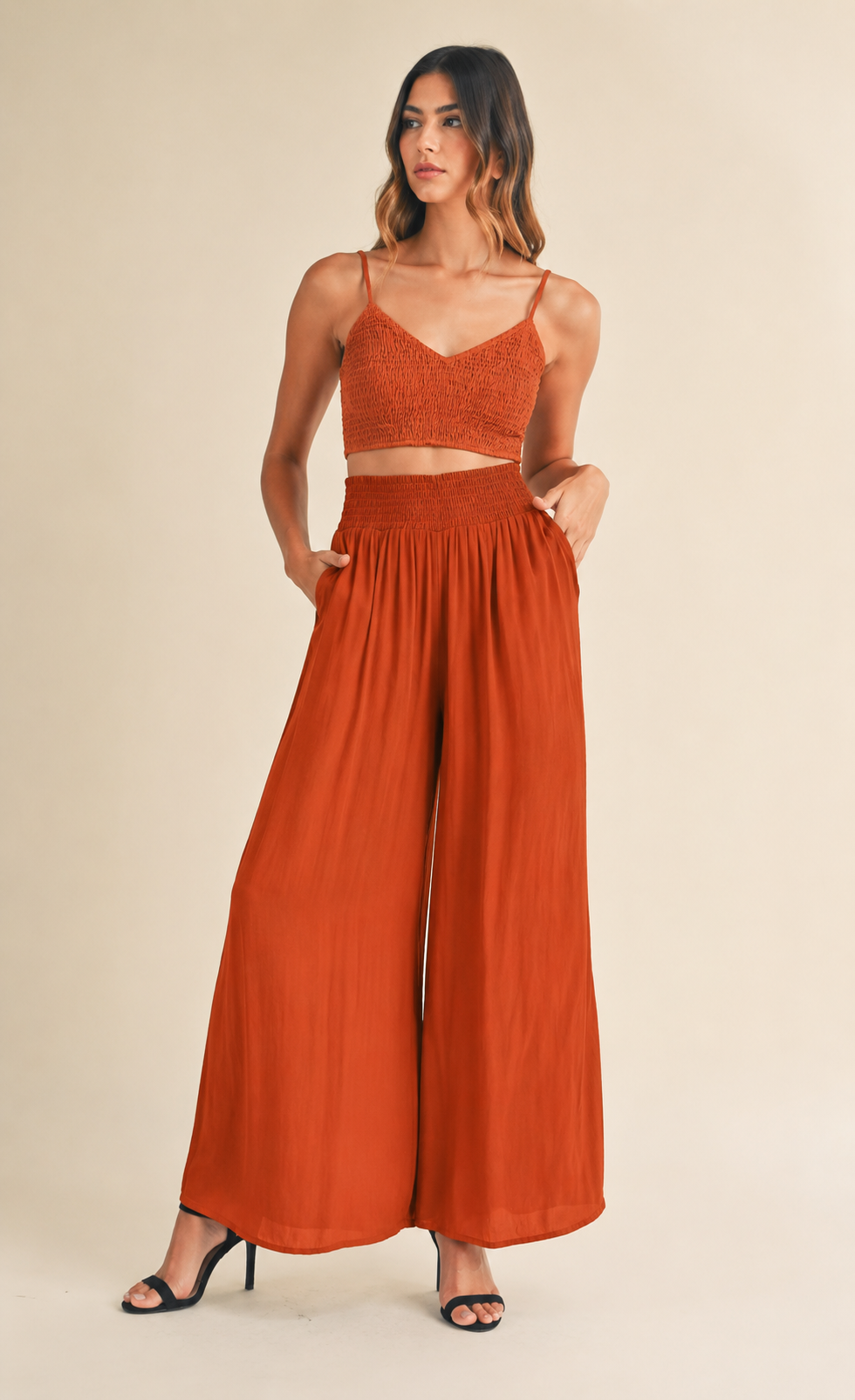 MABLE Smocked Bralette Crop Top & Wide Leg Pants Set Rust Small $180