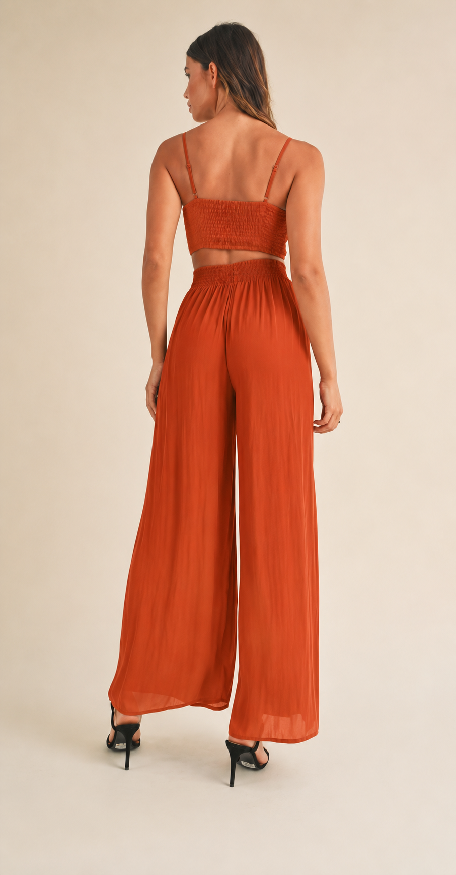 MABLE Smocked Bralette Crop Top & Wide Leg Pants Set Rust Small $180