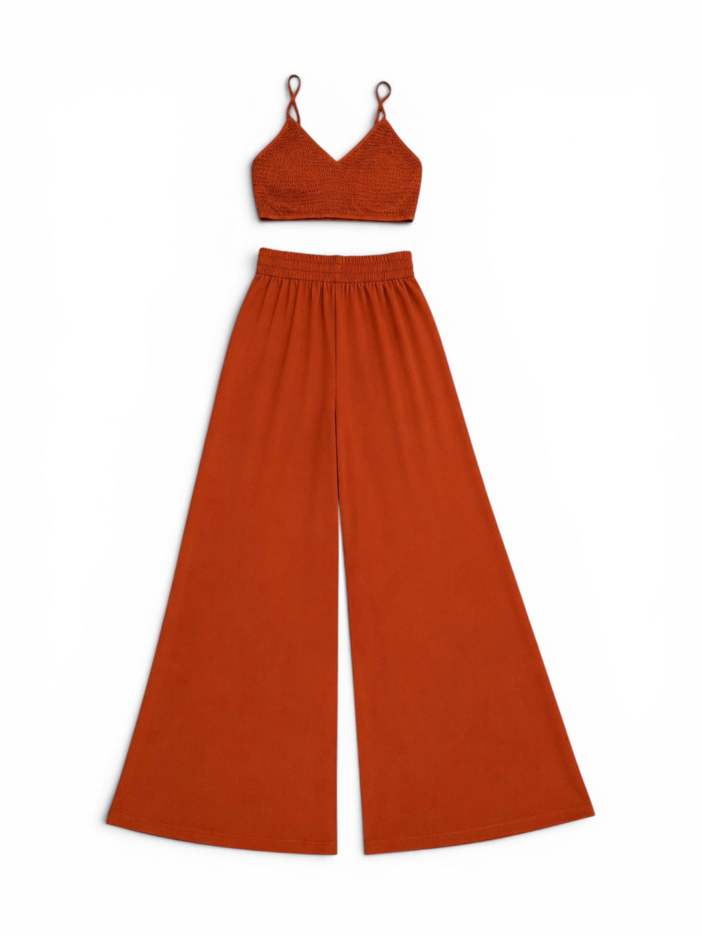 MABLE Smocked Bralette Crop Top & Wide Leg Pants Set Rust Small $180