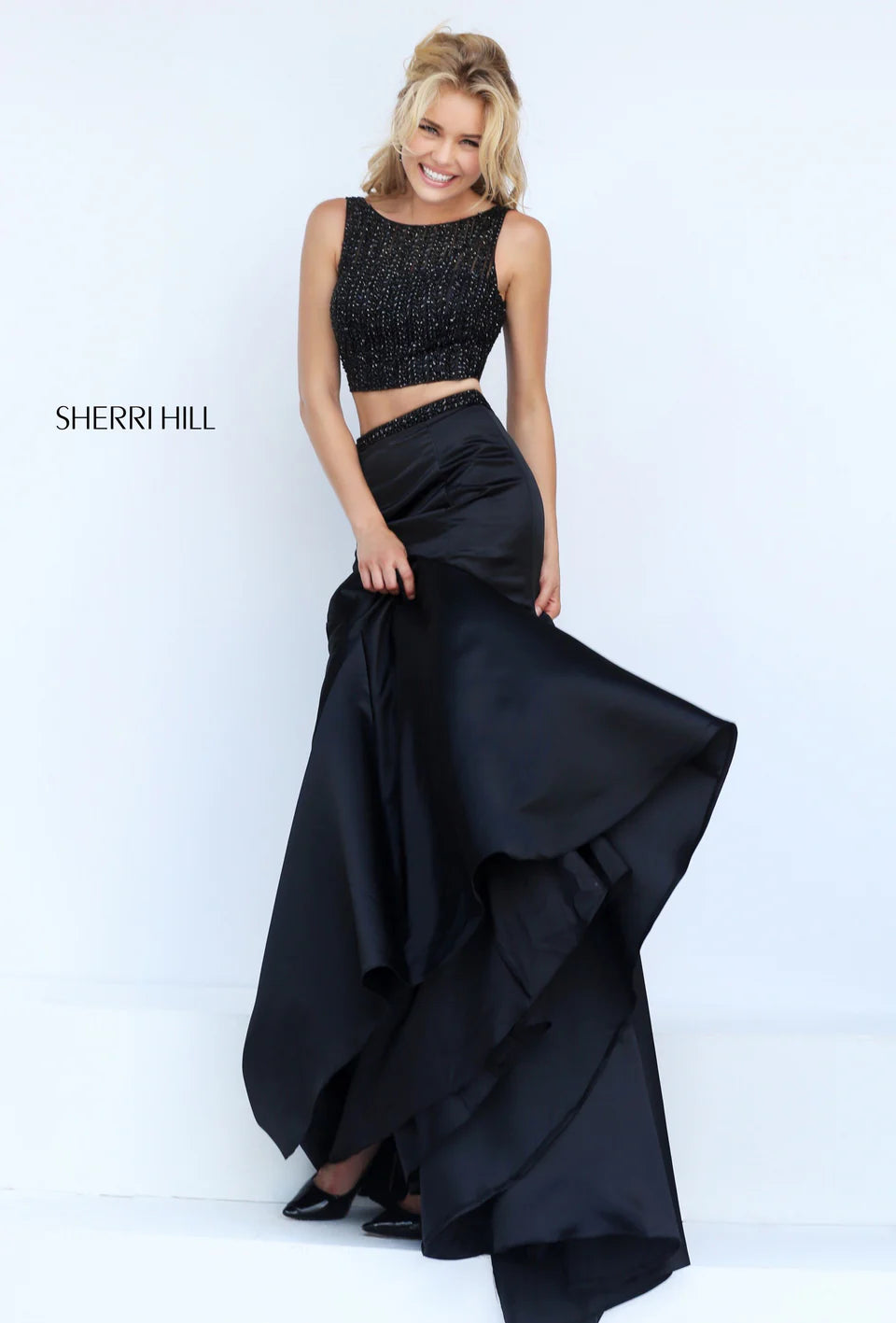Sherri Hill 50098 Black Two-Piece Mermaid Prom Gown Size 0