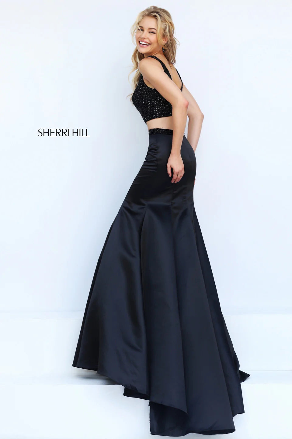 Sherri Hill 50098 Black Two-Piece Mermaid Prom Gown Size 0