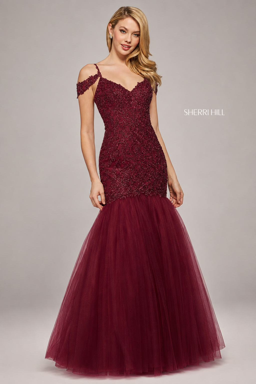 Sherri Hill 53140 Wine Lace & Tulle Mermaid Gown Size 8