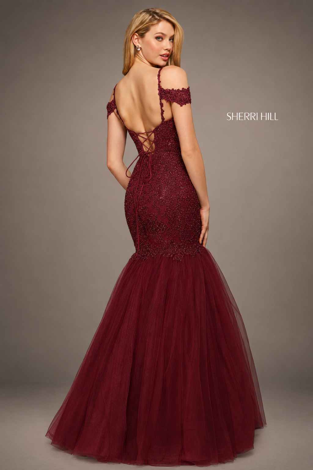 Sherri Hill 53140 Wine Lace & Tulle Mermaid Gown Size 8