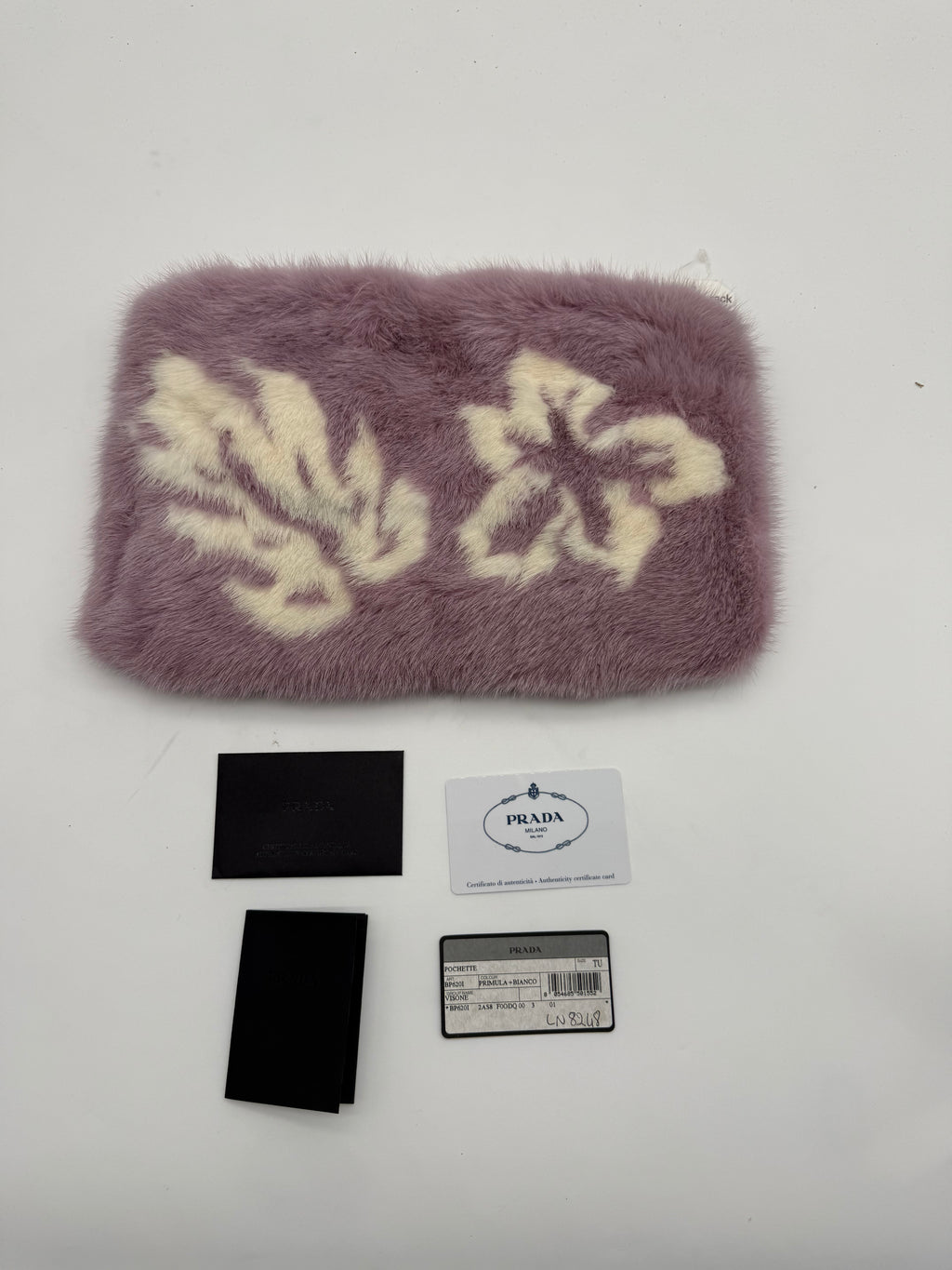 Prada Visone Mink Fur Clutch Pochette Primula & Bianco Floral $3,925