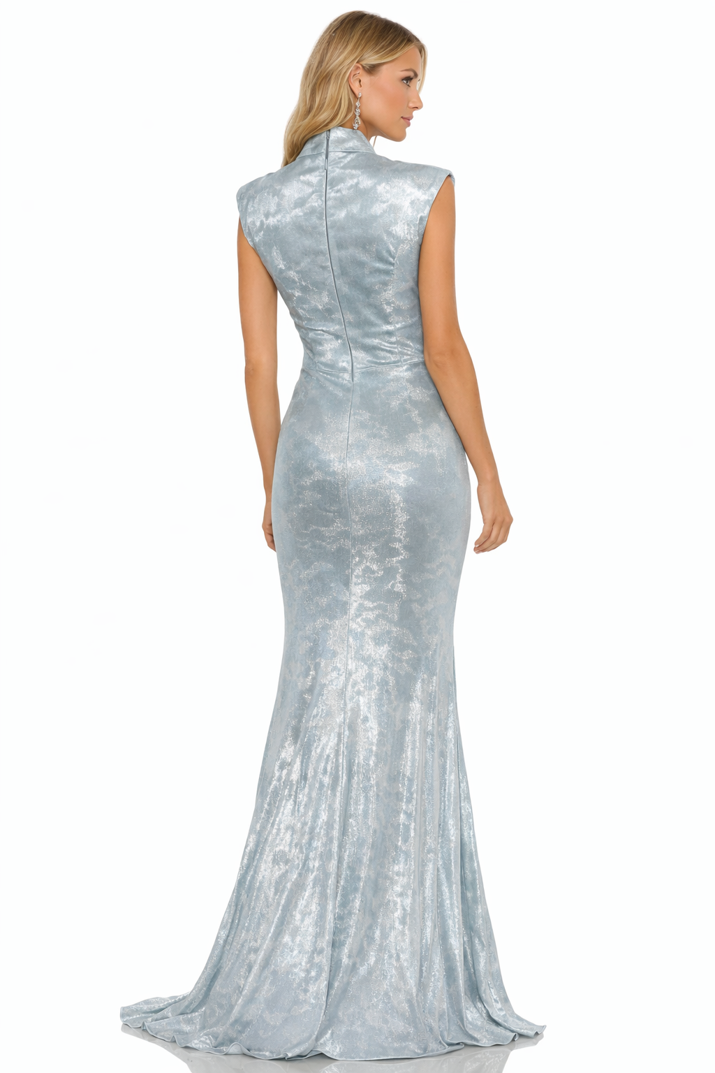 Dress the Population Metallic Sculpted Neck Gown Silver Blue Size Small $398