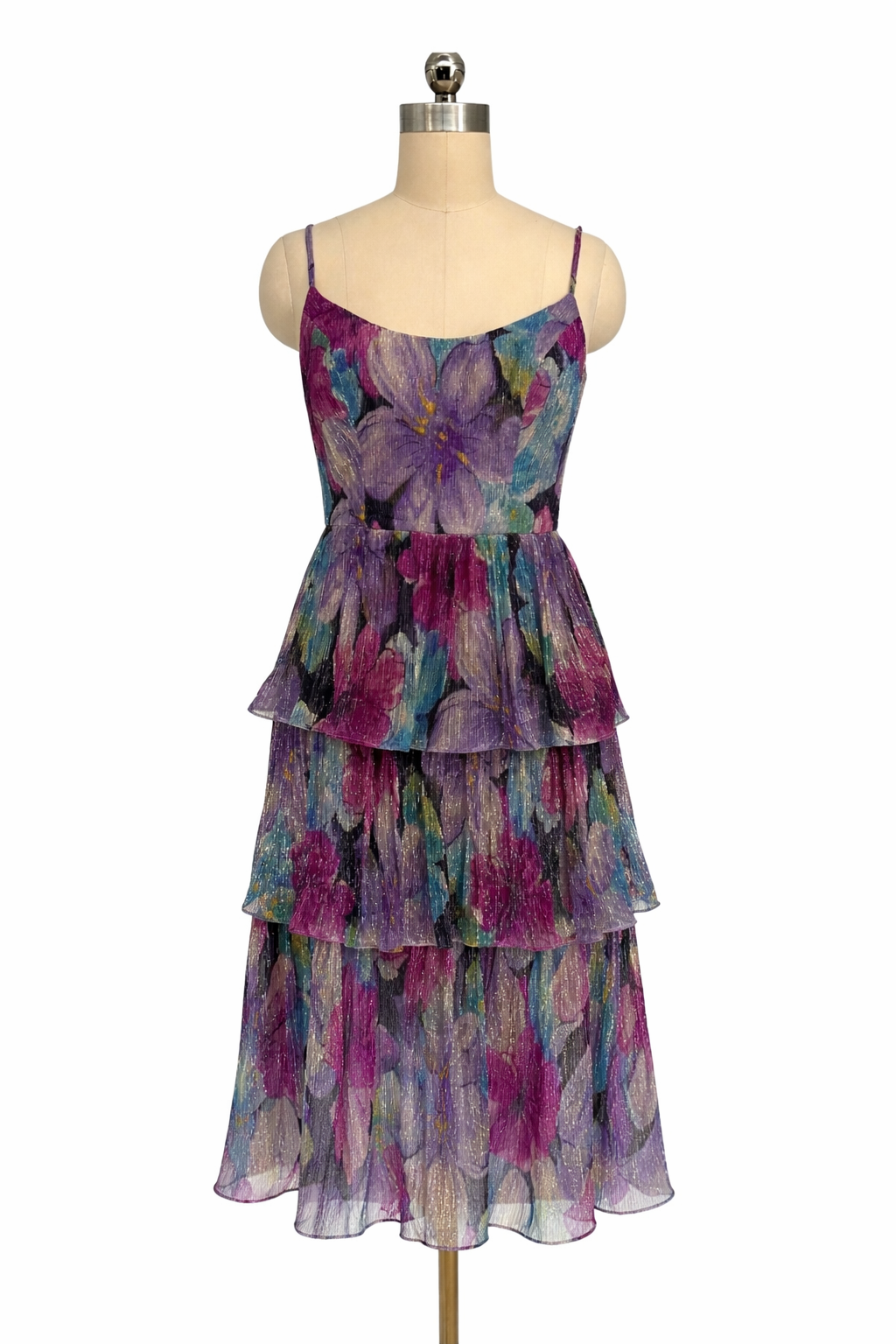Dress the Population Floral Tiered Midi Dress Size Small Shimmer $278