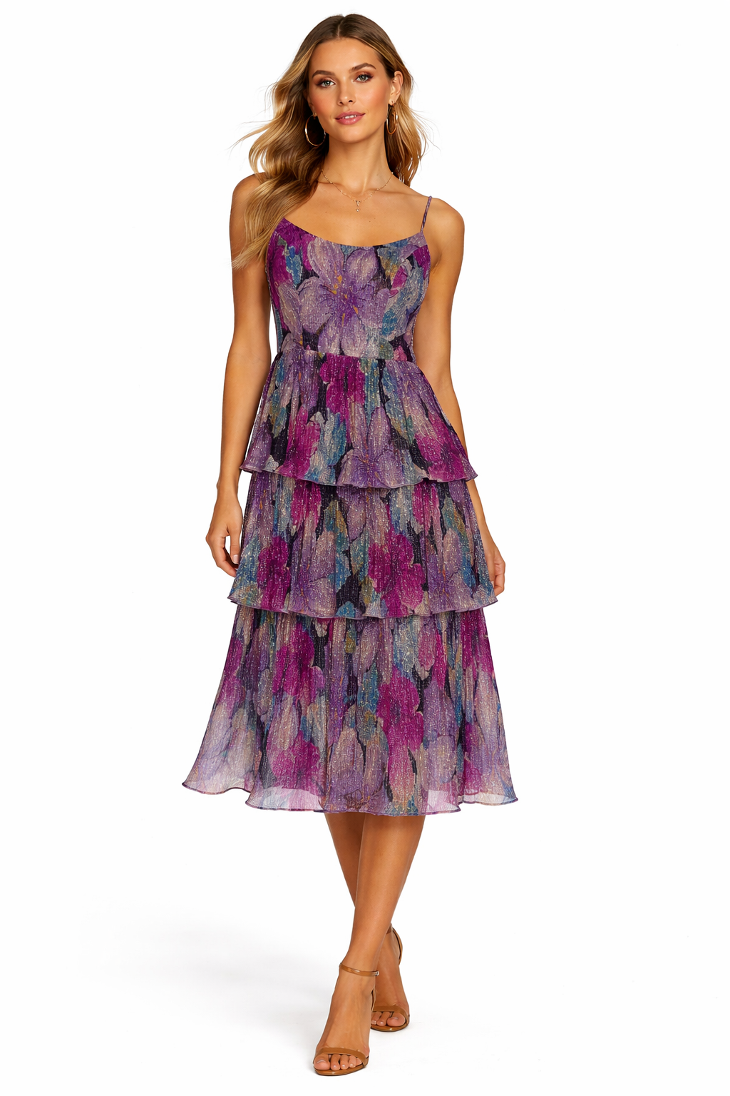 Dress the Population Floral Tiered Midi Dress Size Small Shimmer $278