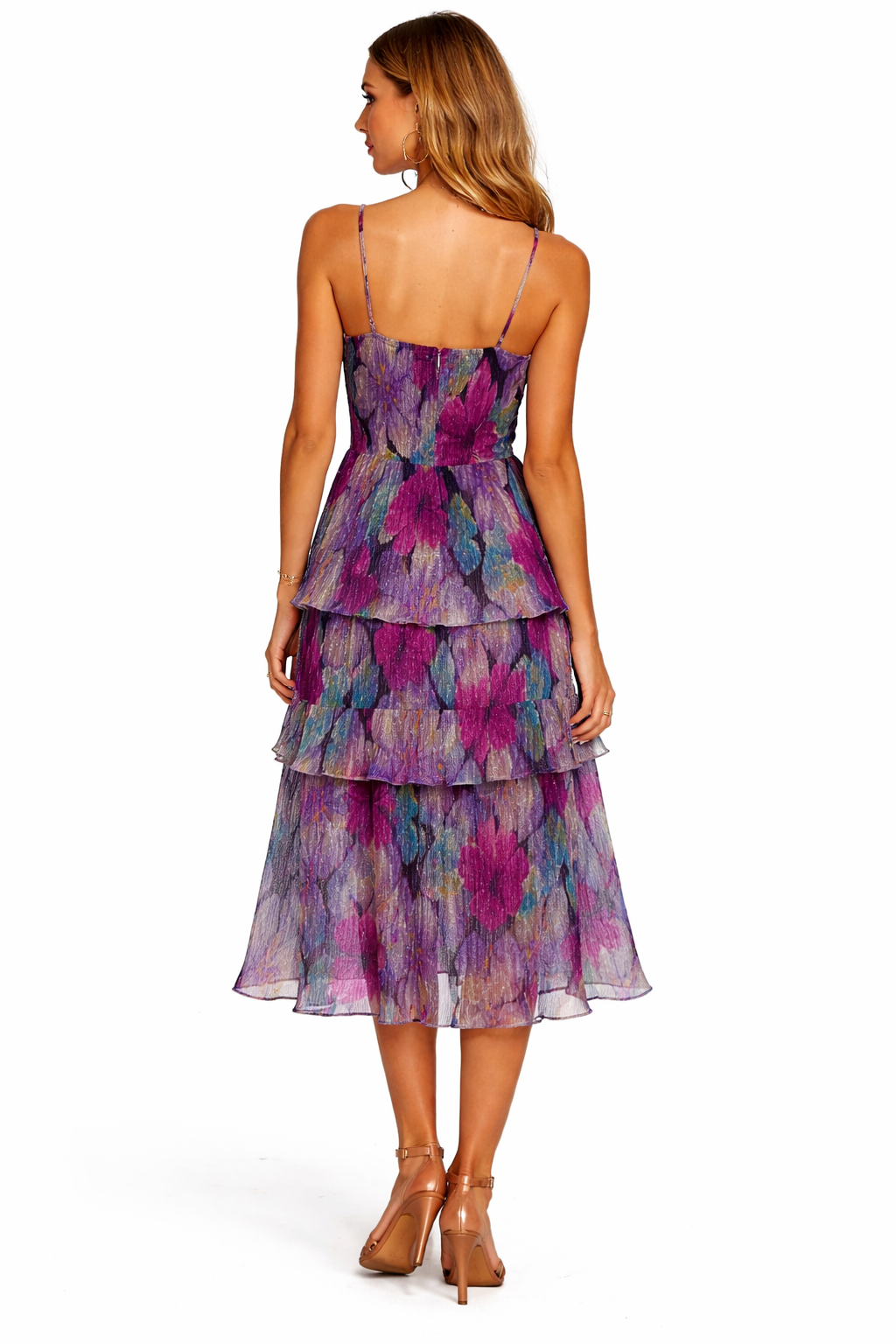 Dress the Population Floral Tiered Midi Dress Size Small Shimmer $278