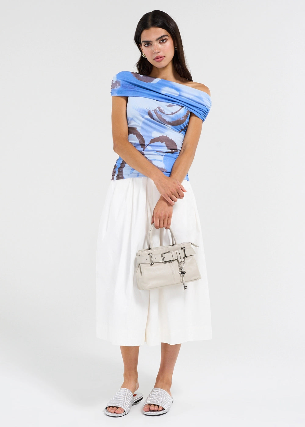 Sovere Whirl Slate Mesh Ruched Off-Shoulder Top – Small $109