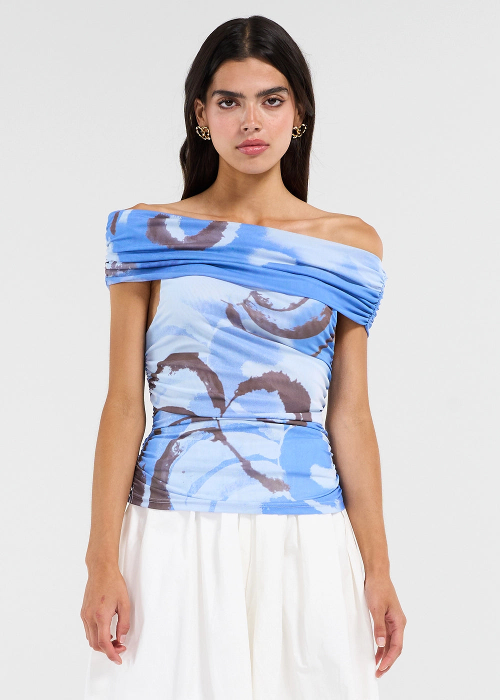 Sovere Whirl Slate Mesh Ruched Off-Shoulder Top – Small $109