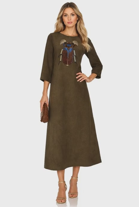 Jessica Allert Olive Embroidered Beetle Faux Suede Midi Dress Sz Small $399